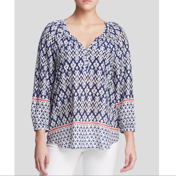 BeachLunchLounge Blue/White Boho Ikat Blouse Peasant Beachy Lightweight Medium - Picture 12 of 13